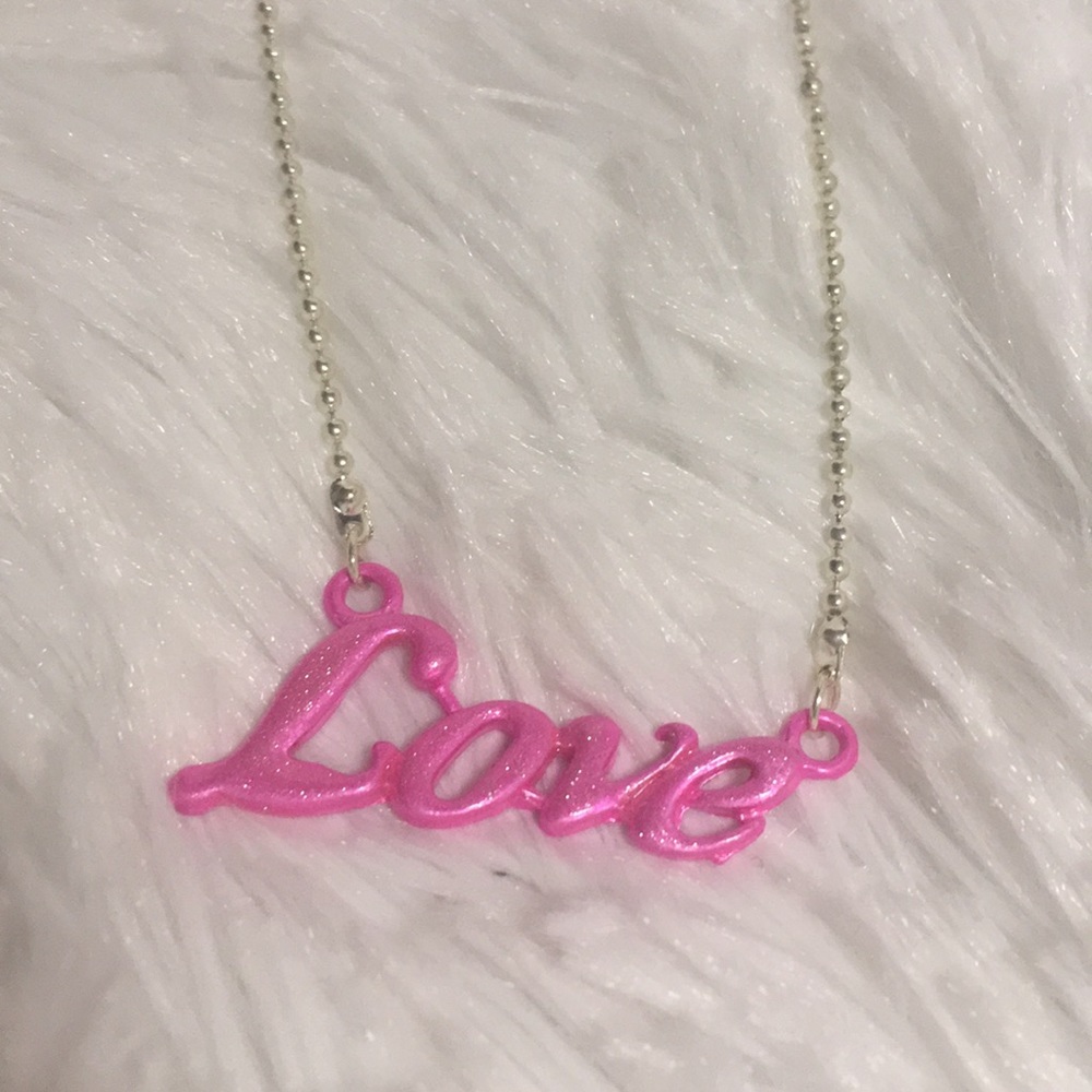 Silver Sparkle LOVE Necklace - Hot Pink